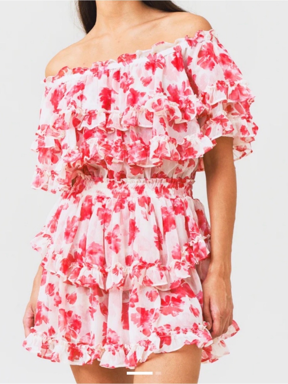 Misa Los Angeles White & Pink Floral Off-Shoulder Ruffle Mini Dress